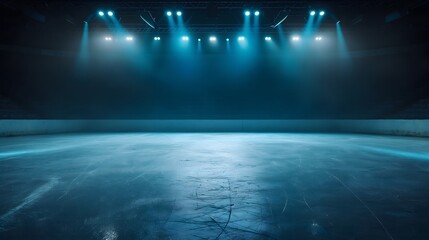 Empty ice rink illuminated by blue spotlights, creating a dramatic atmosphere.