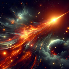 Fiery comet streaking across abstract glossy skies concept as A glowing comet with fiery trails moves across a surreal glossy sky filled with abstract shapes adding an energetic cosmic feel. in  Photo