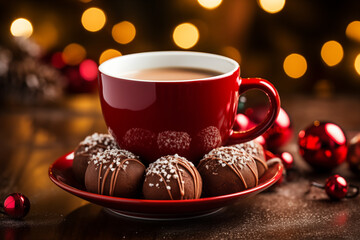 Fototapeta premium cup of hot chocolate with Christmas ornament, holiday atmosphere.