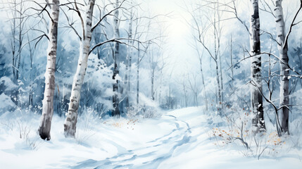 Watercolor painting empty panoramic winter background with copy space