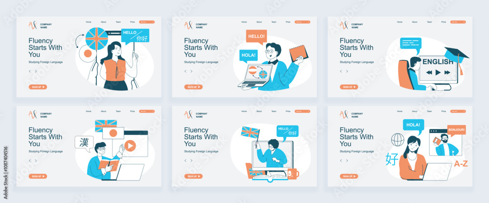 Fototapete studying foreign language concept of landing page with slide templates set in flat design. website h