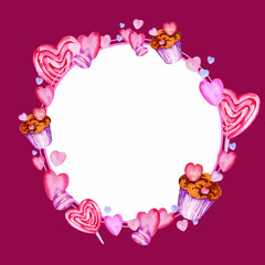 Watercolor wreath of valentine day theme with different hearts, candy, sweets and muffins, hand draw illustration, pink, lilac and purple template for card, invitation for Valentine day decoration