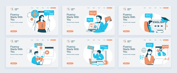 Studying foreign language concept of landing page with slide templates set in flat design. Website headers with people learning english, spanish, japanese at online courses. Vector illustrations.