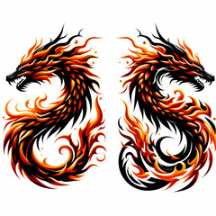 Fototapeta premium Fire dragon symbol and fiery scales isolated concept as A sleek fire dragon design with individual fiery scales rendered in detailed vector style against a white background. in Photo Stock Concept 
