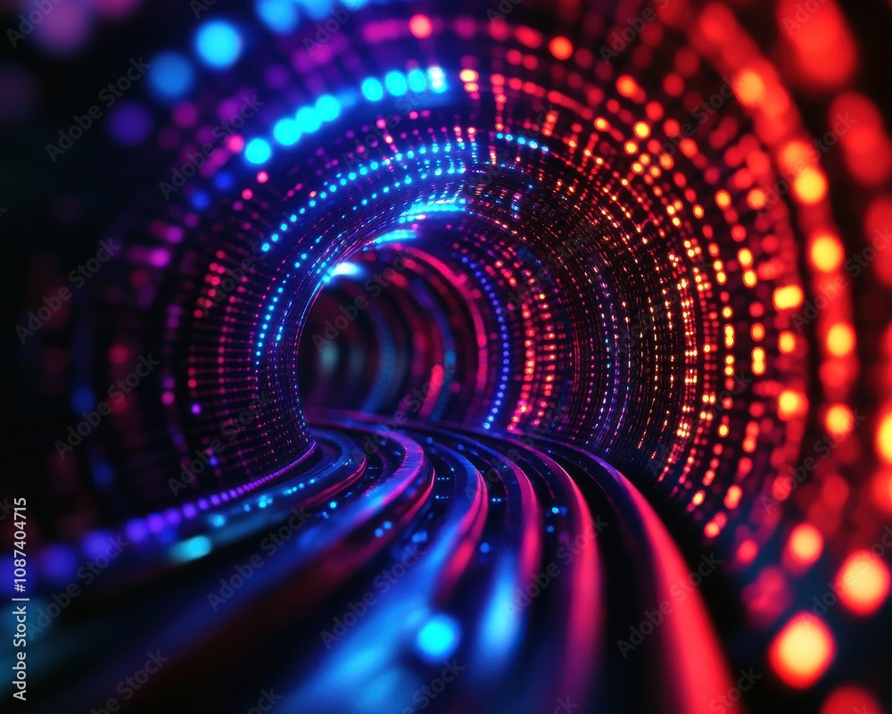 Poster Vibrant abstract tunnel with glowing lights in red and blue hues creating a sense of depth and movement.