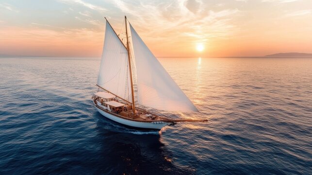 A classic sailboat sails gracefully across the ocean at sunset, surrounded by breathtaking scenic views, symbolizing elegance, dream voyages, and tranquility.