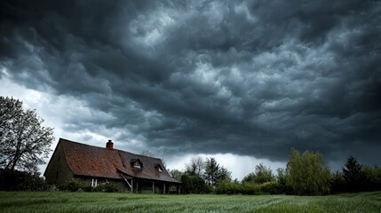 Fototapeta premium Dramatic storm clouds loom over a quaint countryside cottage.