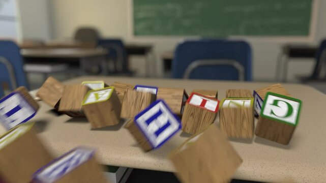 Letter Block Series - "Teaching" -Toy letter blocks tumble onto a school desk to form words,  then tumble out of frame - Powered by Adobe
