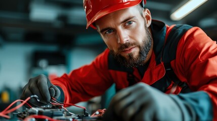 An industrious engineer in protective gear meticulously repairs equipment, demonstrating skillful precision in an industrial setting with advanced technology.