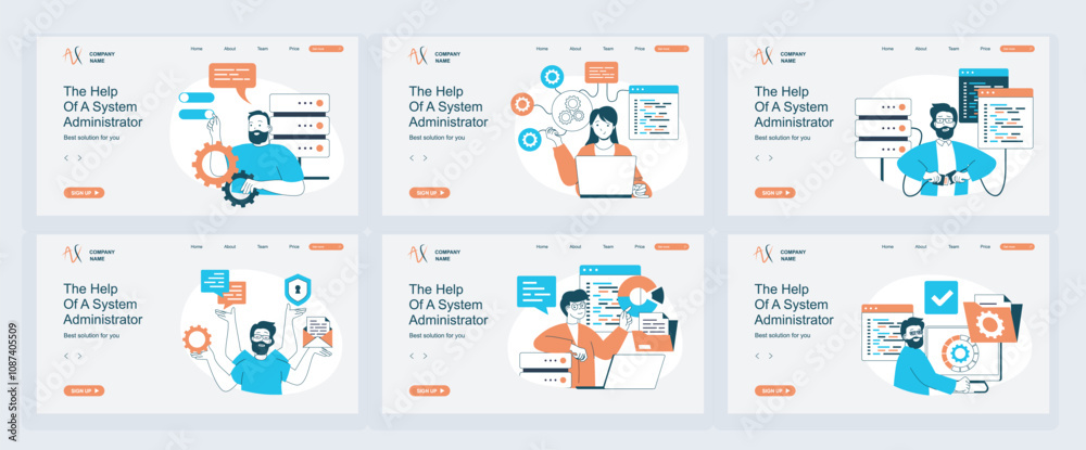 Poster System administrator concept of landing page with slide templates set in flat design. Website headers with people monitoring server racks, do maintenance and technical repair. Vector illustrations.