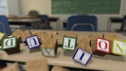 Letter Block Series - "Education" -Toy letter blocks tumble onto a school desk to form words, then tumble out of frame - Powered by Adobe