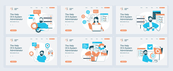 System administrator concept of landing page with slide templates set in flat design. Website headers with people monitoring server racks, do maintenance and technical repair. Vector illustrations.