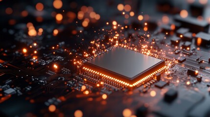 An illuminated processor sitting on a circuit board with dramatic spark effects, exemplifying digital energy and the power of technology in a modern realm.