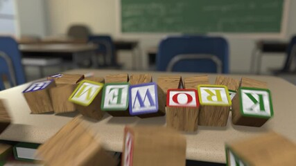Letter Block Series - "Homework" -Toy letter blocks tumble onto a school desk to form words, then tumble out of frame - Powered by Adobe
