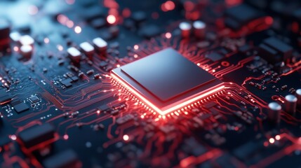 An illuminated computer chip amidst vibrant red circuitry represents technological advancement and the seamless flow of information in the digital age.