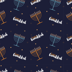 Happy Hanukkah Seamless Pattern with Menorahs traditional holiday symbols.Hanukkah background with holiday candles and David stars.
