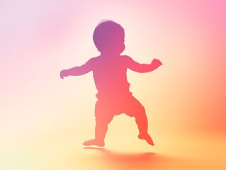 A playful baby silhouette with vibrant coral tones dancing on a peachy gradient backdrop ,