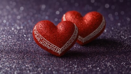 Fototapeta premium Two Soft red Hearts With Lace On Purple Glitter Background With Sparkles - Valentine's Day Concept