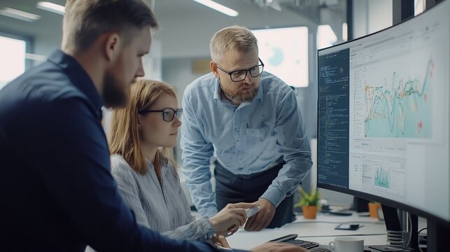 A group of professional business partners or colleagues analyzing data and monitoring a blockchain based system for transparent real time supply chain management and optimization