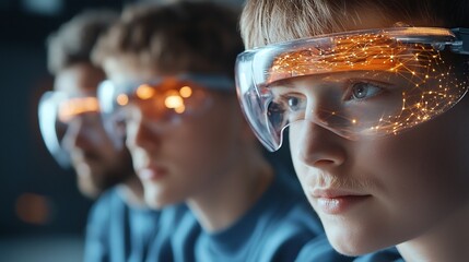 A group of students immersed in a virtual reality experience exploring a detailed solar system model to learn about renewable energy concepts and the future of sustainable education