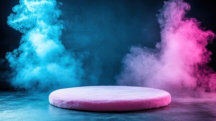Obraz premium A round, fluffy platform sits amid pink and blue smoke, evoking a mystical, dreamy atmosphere, suggesting creativity and introspection in a surreal world.