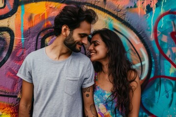 Portrait of a blissful indian couple in their 20s dressed in a casual t-shirt in front of vibrant graffiti wall