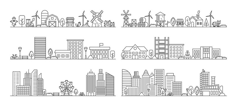 Line city. Cityscape art panorama, town or village street, small rural farm. Linear urban factory, outline environment car or park. Skyscraper and windmill, contour digital vector background