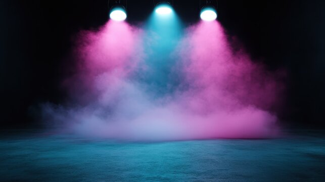 Stage lights cast a colorful pink and blue mist, creating a sense of mystery and excitement, as if unveiling a hidden world of creativity and dreams.