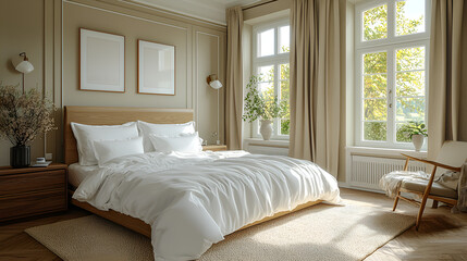 Fototapeta premium Luxurious Modern Bedroom Design: Serene Space with Wooden Accents & Natural Light