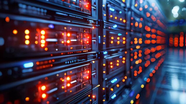 Close-up of a futuristic data server with bright orange LED indicators. The image highlights the technological details of high-end computer servers in a data center