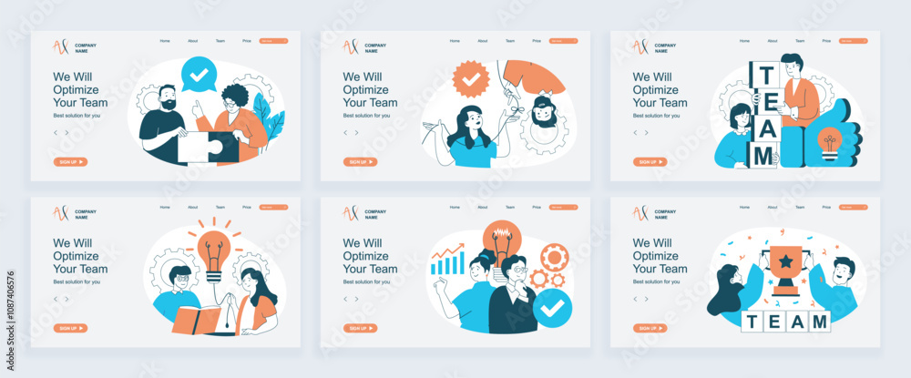 Aufkleber Teamwork concept of landing page with slide templates set in flat design. Website headers with people working together, solving problems, brainstorming and developing new ideas. Vector illustrations.