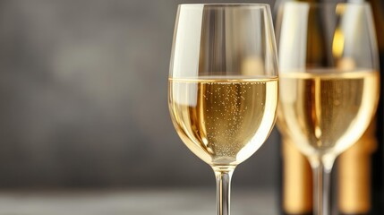 Close-up of wine glasses with Chardonnay, golden tones, soft light reflections, luxurious warm setting