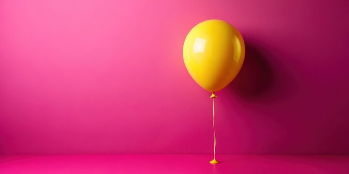 A single yellow balloon floats against a vibrant magenta background, its string gently trailing downwards, a simple yet captivating image of joy and celebration.