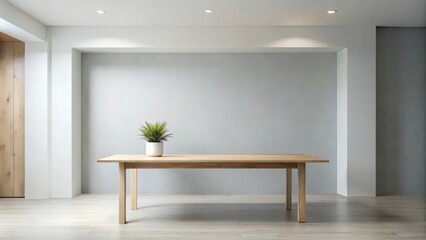 A simple wooden table in a modern interior with a plant in a pot and a white wall in the background