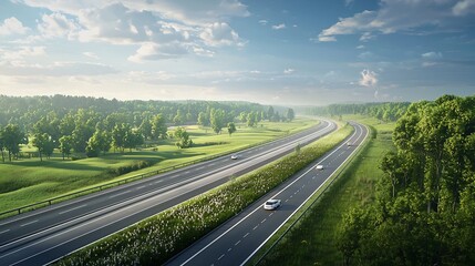 A scenic highway winding through a lush rolling countryside landscape with autonomous electric vehicles seamlessly navigating the route
