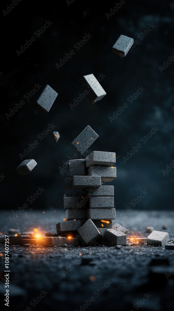 Aufkleber falling blocks create a dynamic scene with glowing sparks against a dark background.