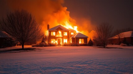 Dramatic scene of suburban house in winter night blaze with intense flames and smoke