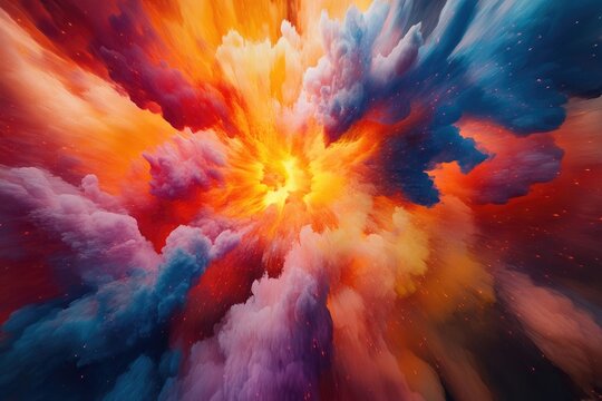 A burst of radiant colors and shapes moving towards the foreground, representing the convergence of ideas during the creative process.