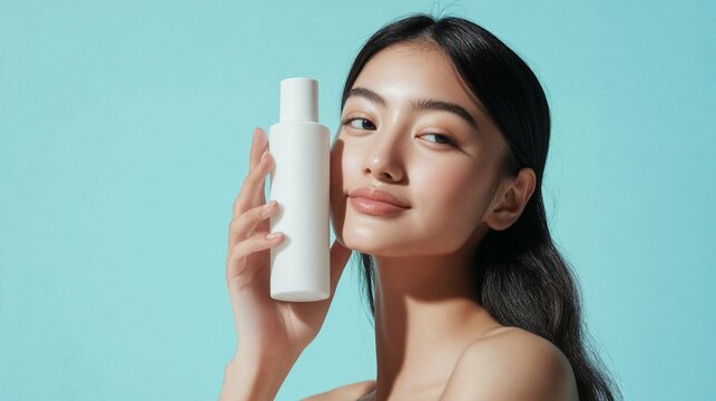 a beautiful woman on blue of background, holding a white empty shampoo bottle