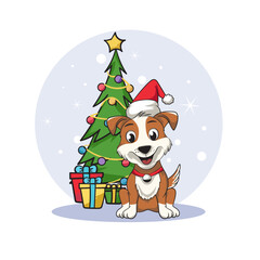 vector character of a dog with a Christmas theme and behind it there is a Christmas tree and gifts
