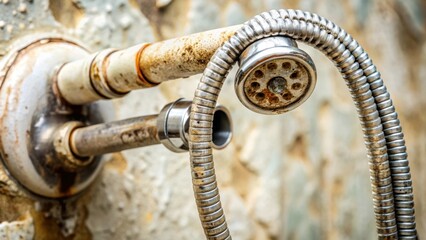A Close-Up View of a Rusted and Worn Metal Showerhead with a Flexible Hose Attached to a Wall