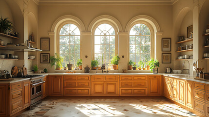 Sunlit Classic Kitchen Design: Warm Wood Cabinets & Arch Windows