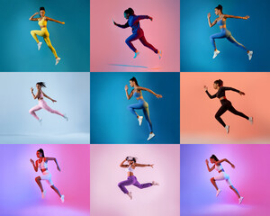 Multiple models showcase different athletic outfits while performing energetic jumps against colorful backgrounds, highlighting movement and style in fitness fashion.