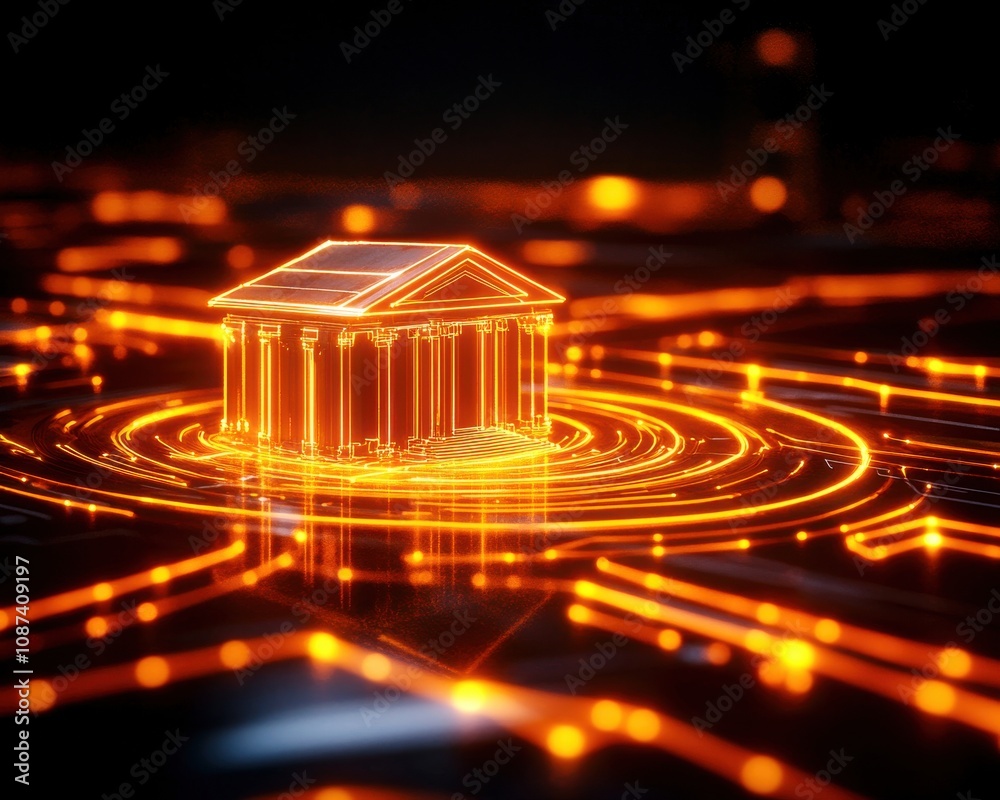 Leinwandbilder digital illustration of a glowing bank building amidst circuit patterns, symbolizing finance and tec