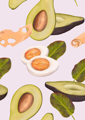 Seamless pattern, background. Healthy breakfast, cheese, avocado, spinach, eggs