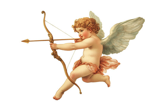 Vintage cupid or cherub shooting an arrow with a bow, love angel, Valentine's day or wedding illustration isolated on transparent or whie background, png file