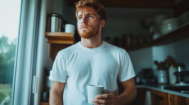 A thoughtful man with red hair and beard, dressed in a white t-shirt, holds a mug as he gazes pensively out the window in a cozy kitchen setting.