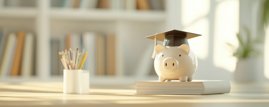 A charming piggy bank wearing a graduation cap sits atop books, symbolizing financial education and saving for higher learning.