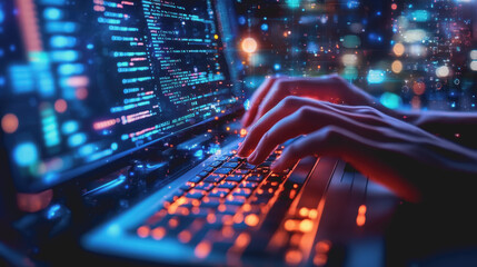 Close-Up of Hands Typing on a Mechanical Keyboard Surrounded by Colorful Lights and Codes, Capturing the Essence of Digital Work and Technology