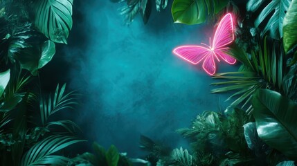 A striking neon butterfly shines vividly among lush green leaves, illuminating a magical midnight jungle, captivating with its glow and mystical beauty.